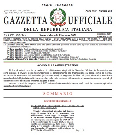 EMERGENZA SANITARIA<br>DPCM 13 ottobre 2020