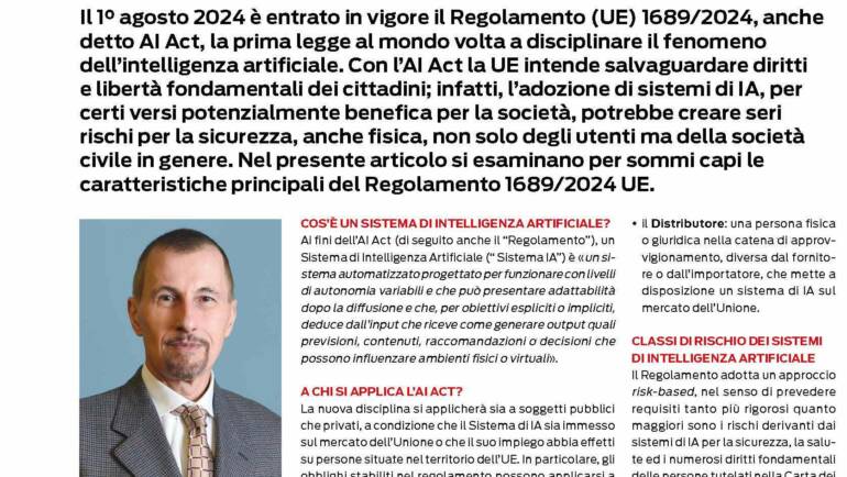 Rubrica “Parere Legale” su Marketplace n. 130/2024: “IL REGOLAMENTO UE 2024/1689: LA PRIMA LEGGE AL MONDO SULL’USO DELL’INTELLIGENZA ARTIFICIALE”