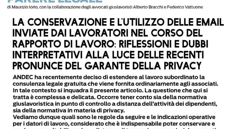 Rubrica “Parere Legale” su Marketplace n. 132: La conservazione e l’utilizzo delle email inviate dai lavoratori nel corso del rapporto di lavoro